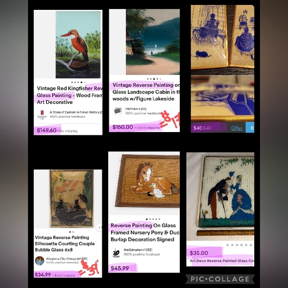 RARE FIND!! Antique Reverse Painting on Glass - 3 Glass Stenciled - Picture 11 of 13